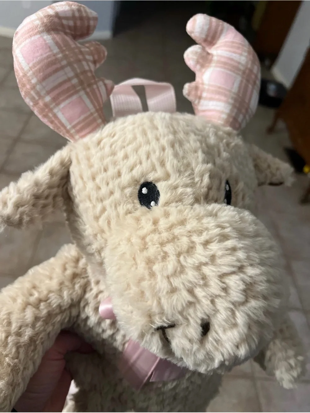 Pink and Tan Plaid Moose Stuffed Backpack - Carried Away by Stepping Stones